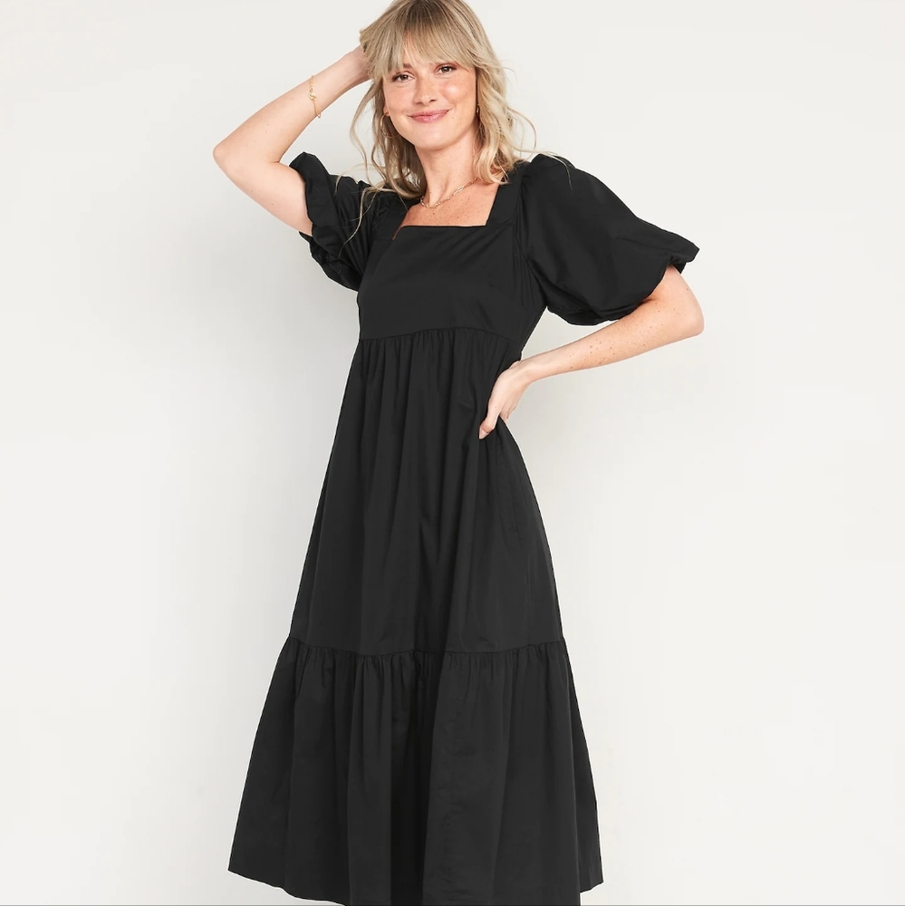Fit & Flare Puff-Sleeve Cotton-Poplin Smocked All-Day Midi Dress